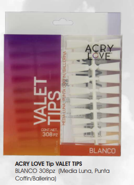 ACRY LOVE Tip VALET TIPS BLANCO 308pz (Media Luna, Punta  Coffin/Ballerina)